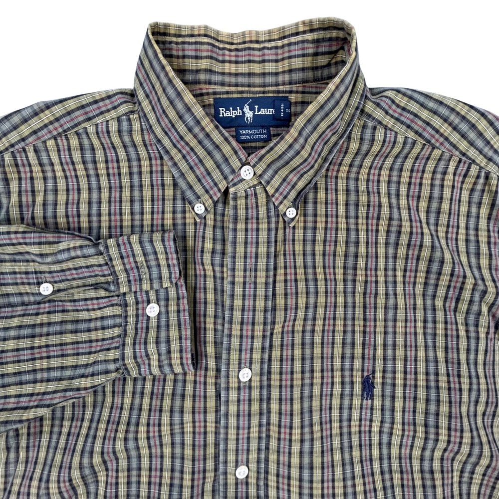 Ralph Lauren Yarmouth Button Down Shirt Mens 17.5 32.33‎ Green Plaid Long Sleeve